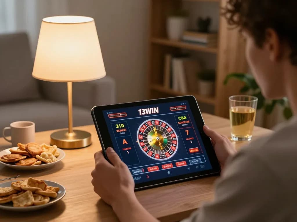 Player engaging with 13WIN roulette on tablet in cozy home atmosphere.