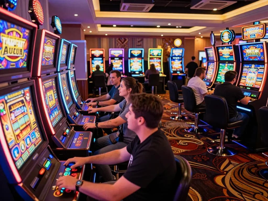 The lively atmosphere of https://c168marketing.com/ showcased through players enjoying slot machines in a vibrant casino setting.