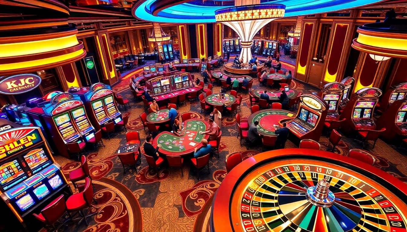 KJC casino scene showcasing thrilling gameplay and vibrant atmosphere with poker chips and roulette wheel.