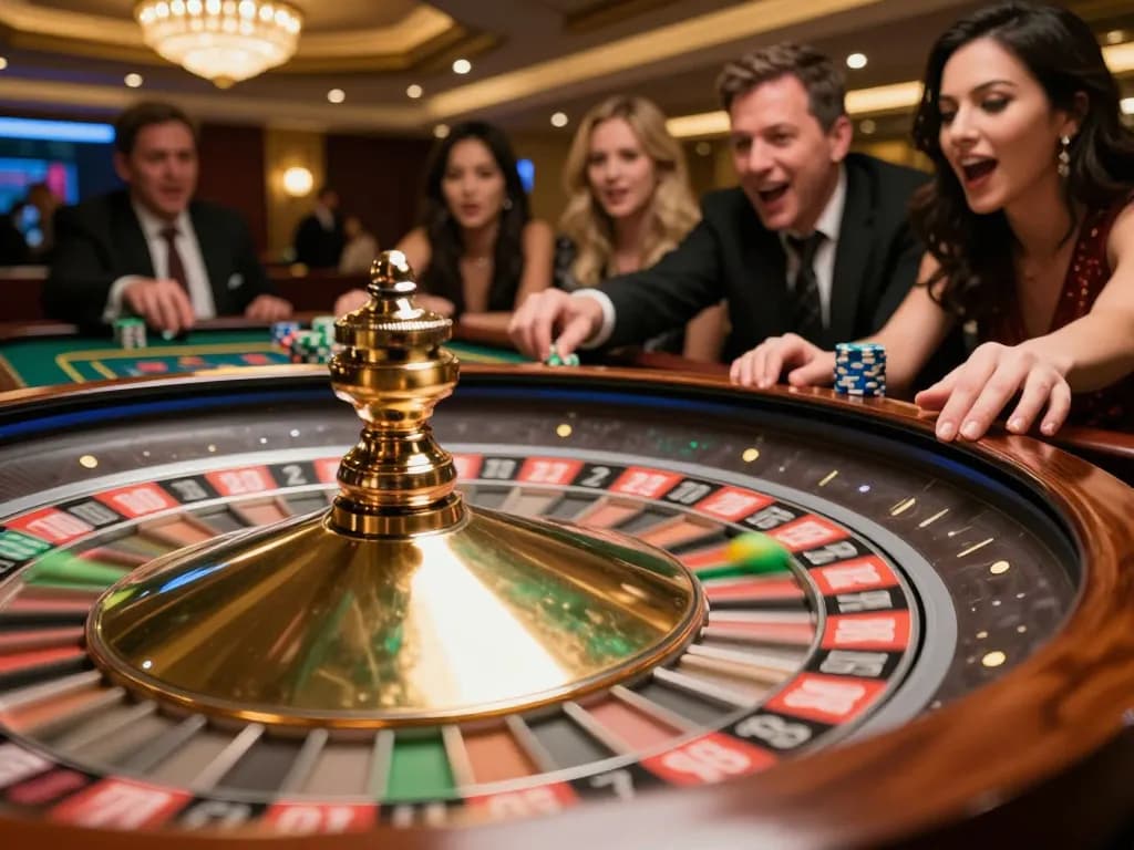Players engage in a thrilling roulette game at BL555 casino, the wheel spinning and bets placed.