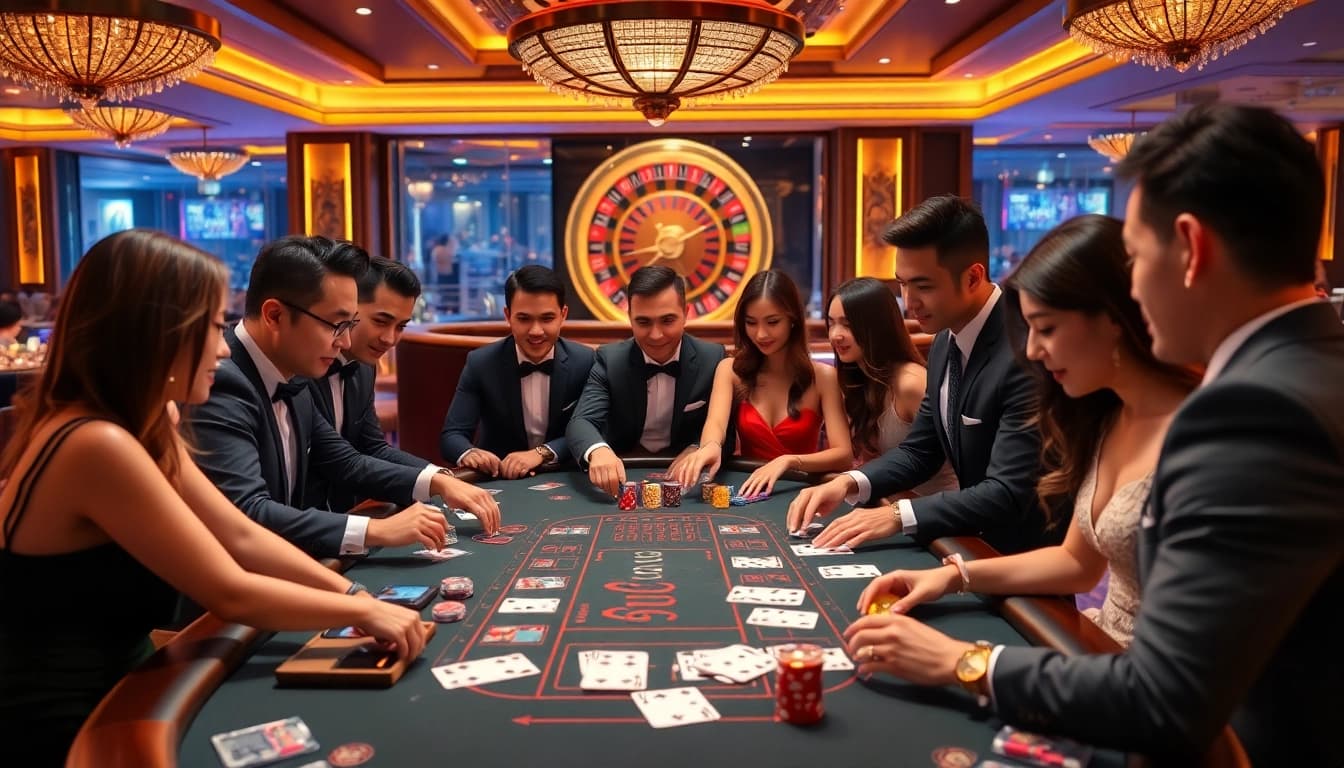 Experience thrilling Baccarat gameplay at 98Win's luxurious casino atmosphere, showcasing engaging players and vibrant tables.