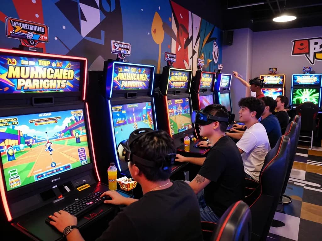 Engaged players enjoying games at BEM88, showcasing slot machines and interactive games in a lively atmosphere.