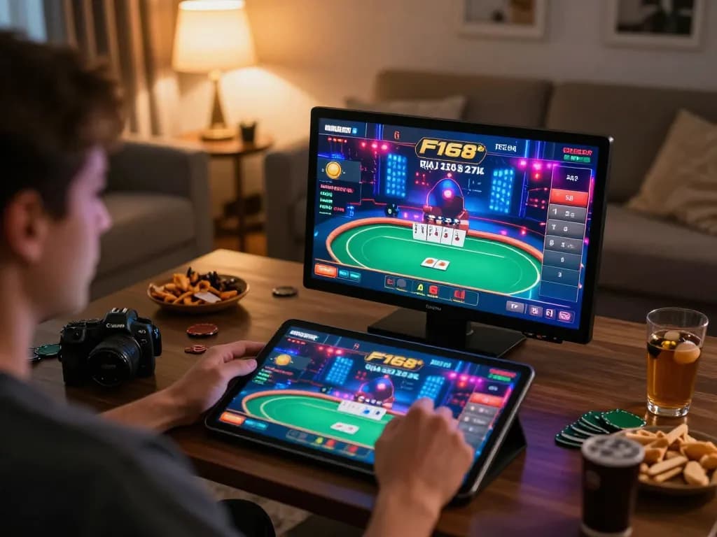Player enjoying online gaming at F168 on a tablet, vibrant casino interface displayed