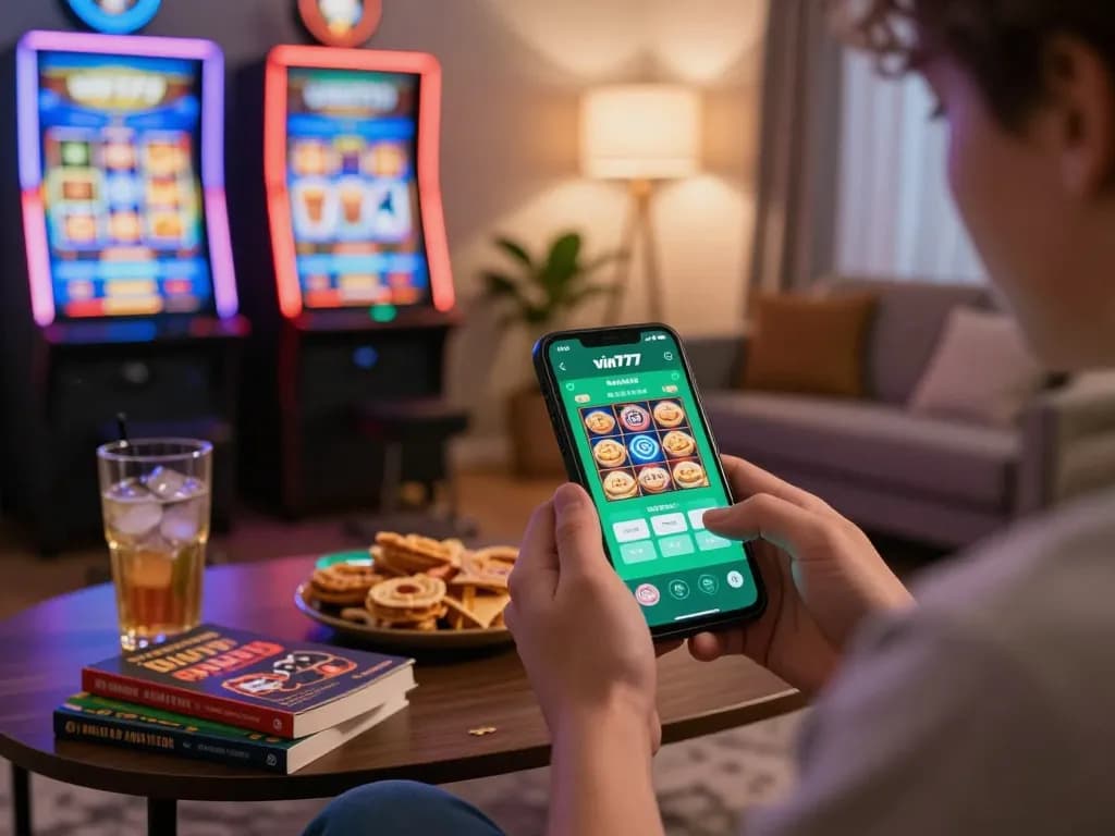 Player enjoying vin777 slot games on smartphone in cozy home gaming space with snacks and strategy books