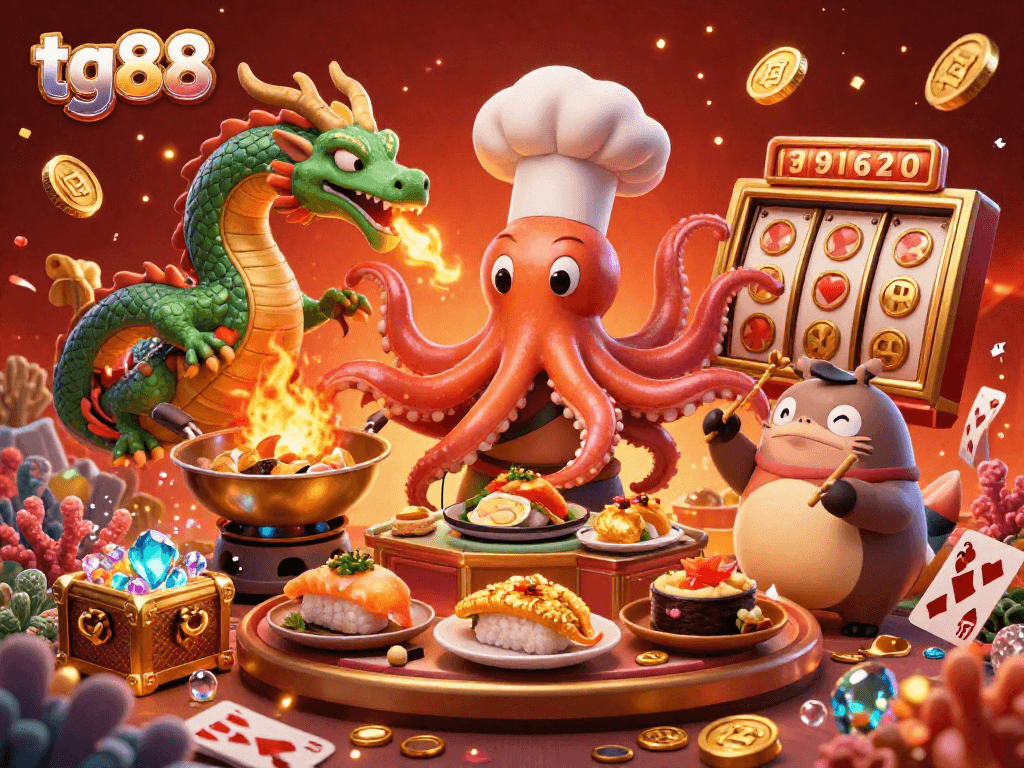 Join the excitement at tg88 as a chef octopus prepares golden dishes amidst casino treasures and festive celebrations.