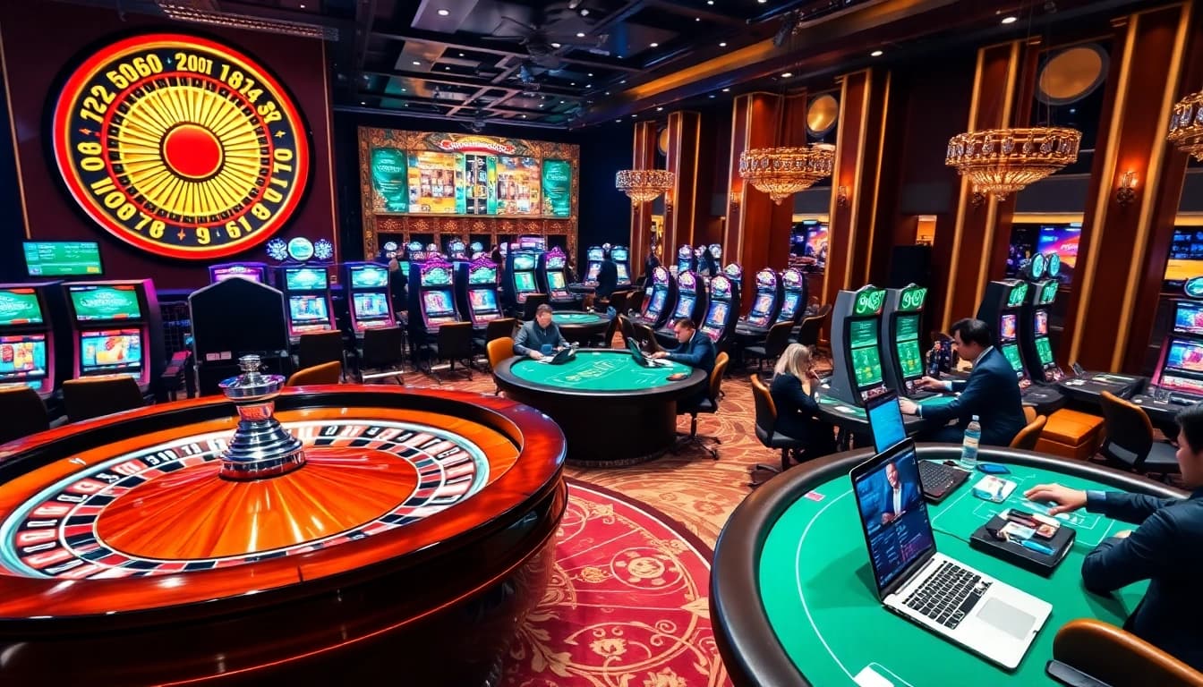 An engaging online casino scene showcasing thrilling games at https://rr9988.net/ with vibrant roulette wheels and poker tables.