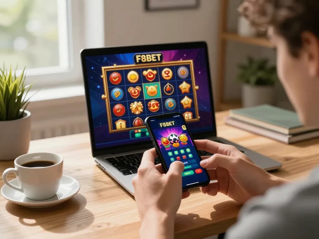 F8BET user enjoying an online casino game on smartphone in a stylish home setting.
