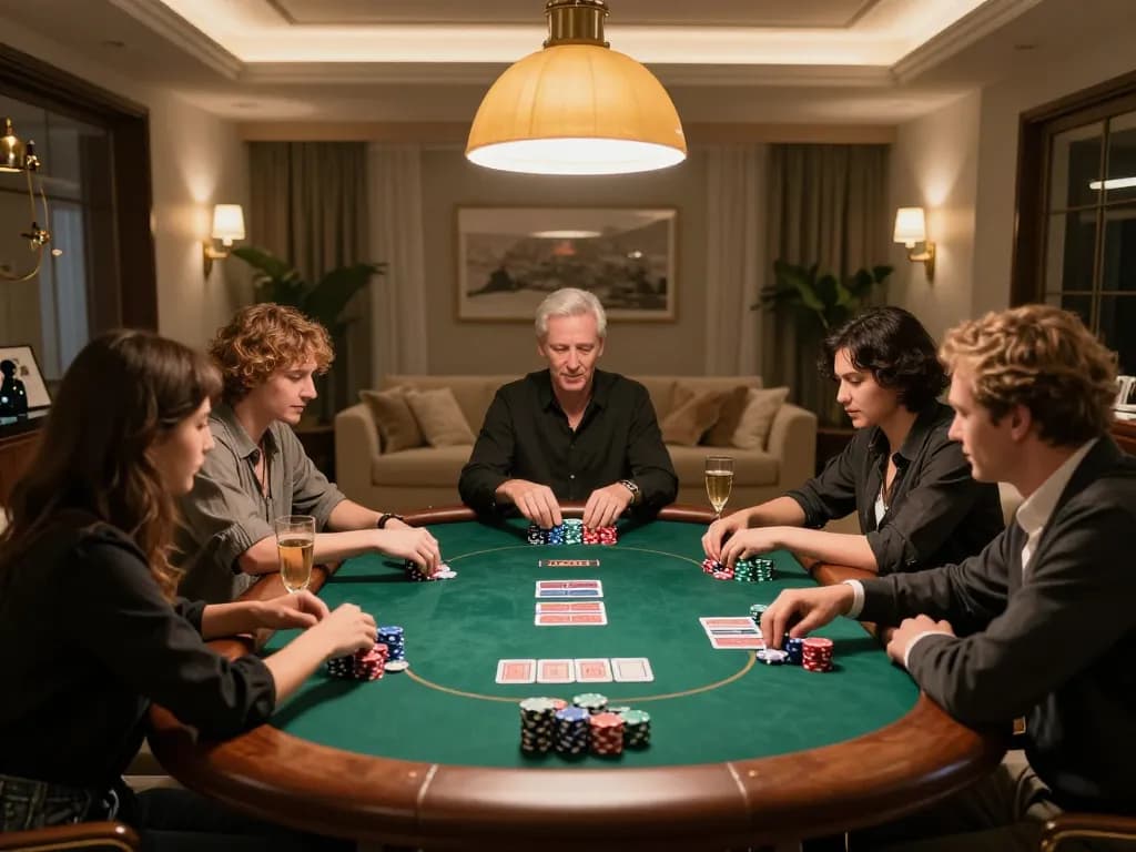 Players engage at a poker table, enjoying a sunwin gaming experience with colorful chips and cards.