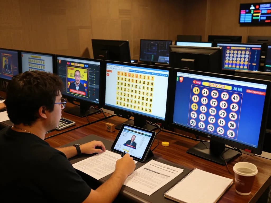 Gambling enthusiast checking live 9 Lotto 4D results on multiple screens while engaging in betting strategy.