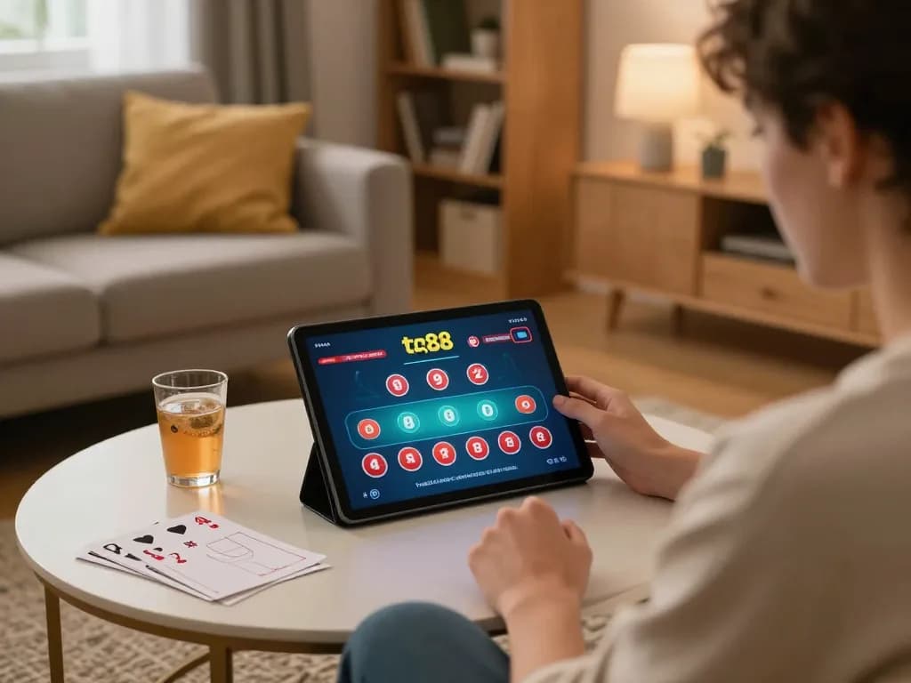 Player enjoying live dealer blackjack on tg88 in cozy home setup with notes and drinks.
