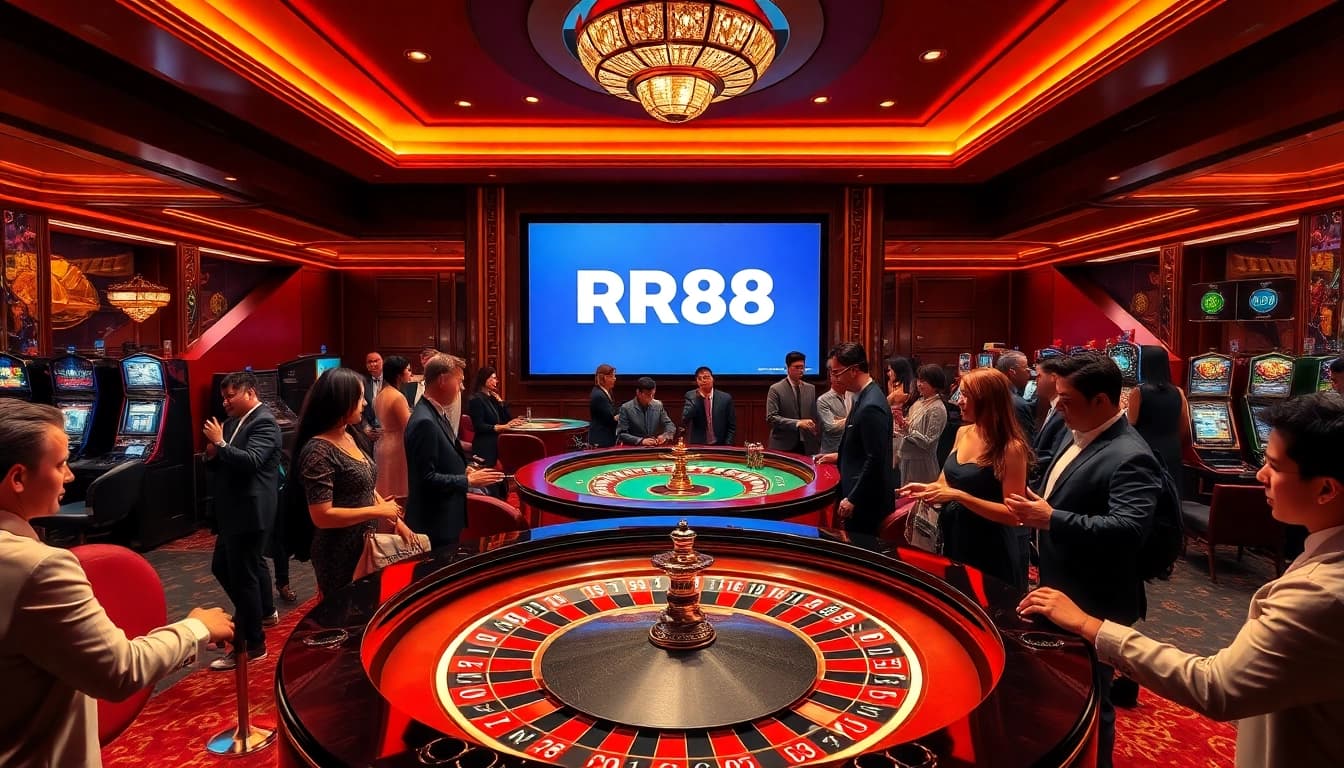 Players enjoying roulette and card games at RR88 casino, showcasing luxury gambling experience.