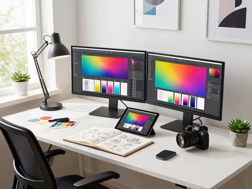 Creative design workspace featuring tr886.org with vibrant monitors and sketchbook.