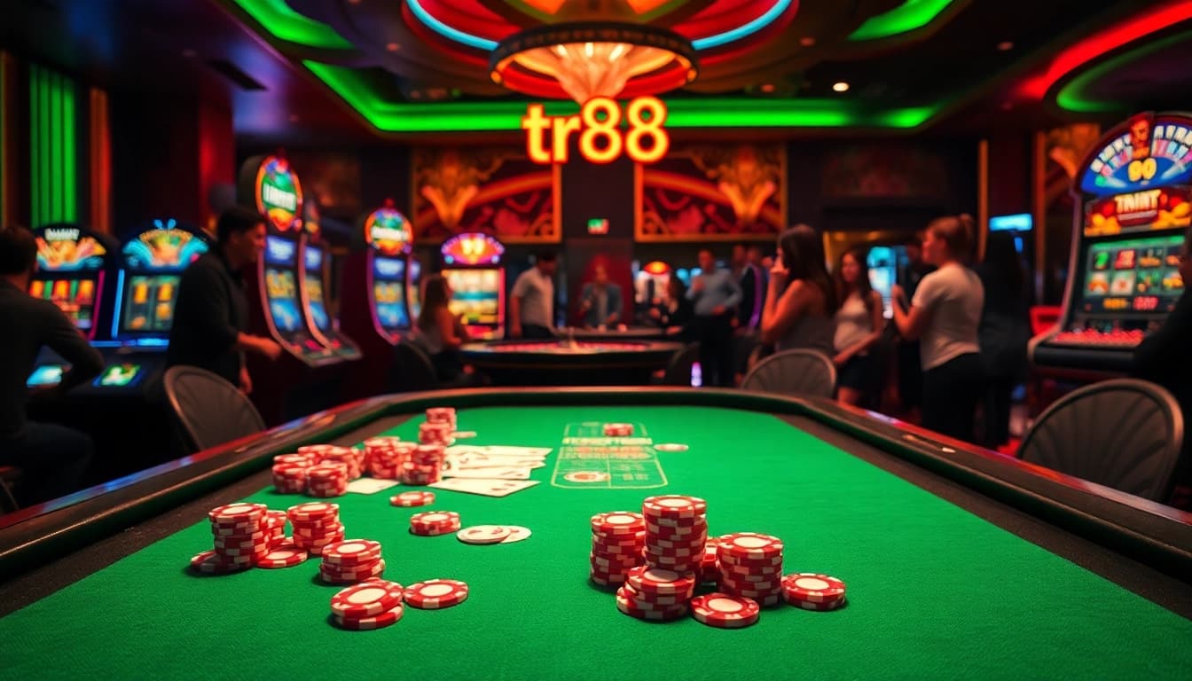 Exciting casino scene featuring high-stakes poker and vibrant gambling activities with tr88 branding visible.