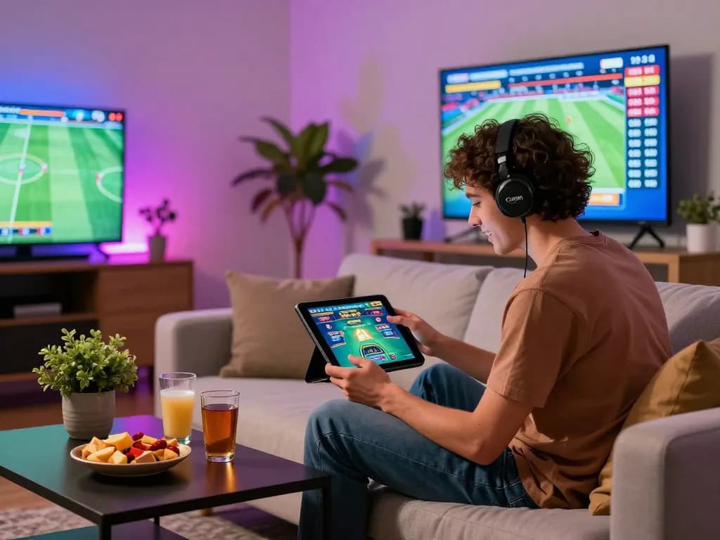 Engaged user playing on 789win.com during lively home gaming session with snacks and ambiance.