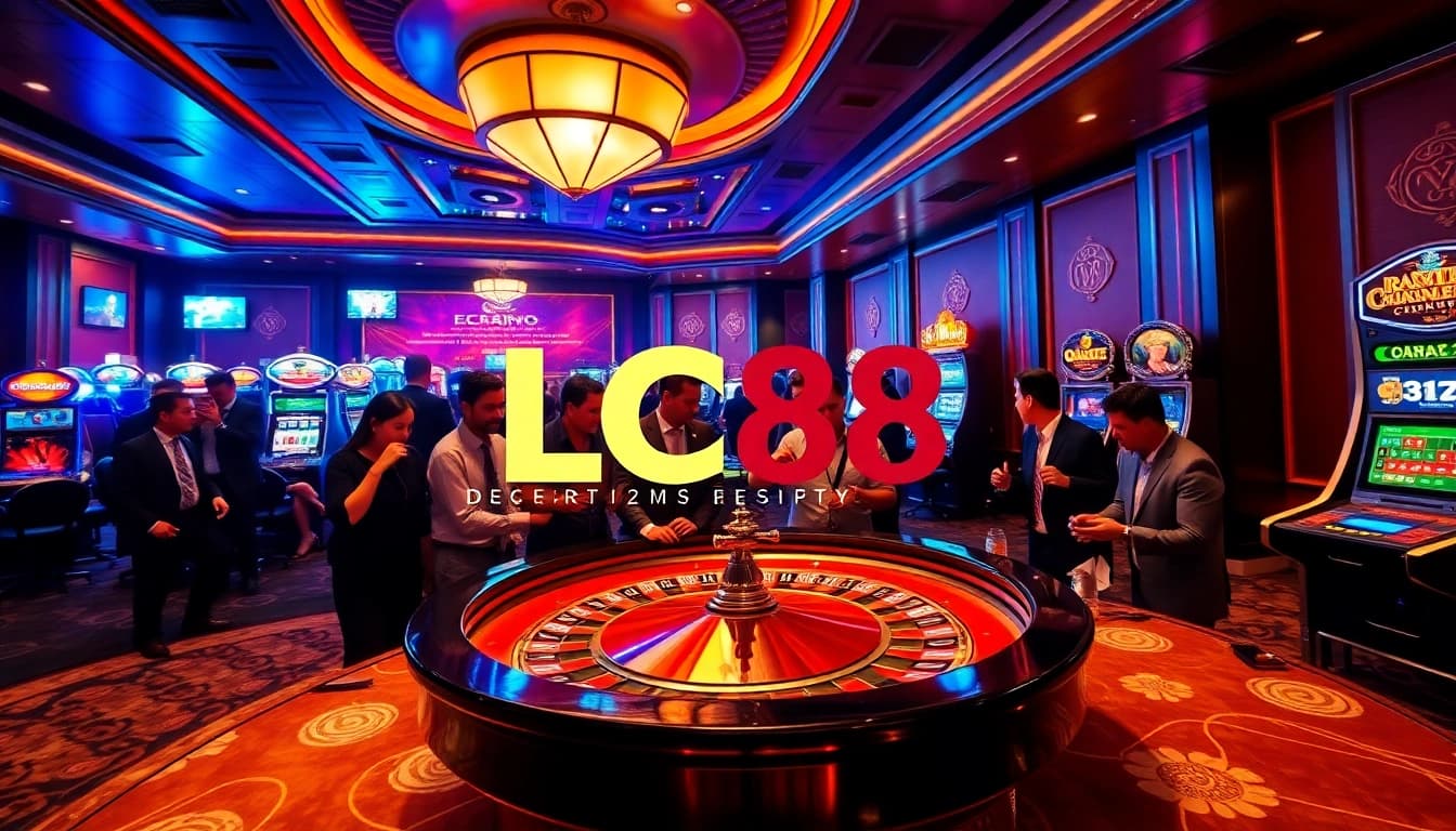 Exciting casino scene featuring LC88 logo with players at the roulette table and slot machines.