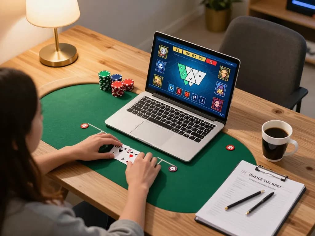 Sunwin player reviewing poker strategy at home, showcasing strategic gameplay in a cozy setting.