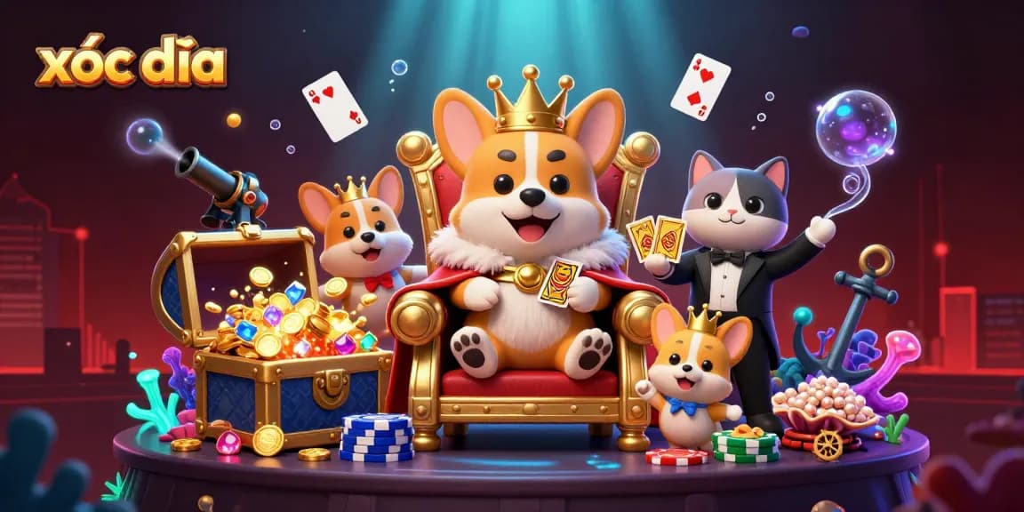 Win at xóc đĩa with a dynamic scene featuring royal corgi characters and casino elements.