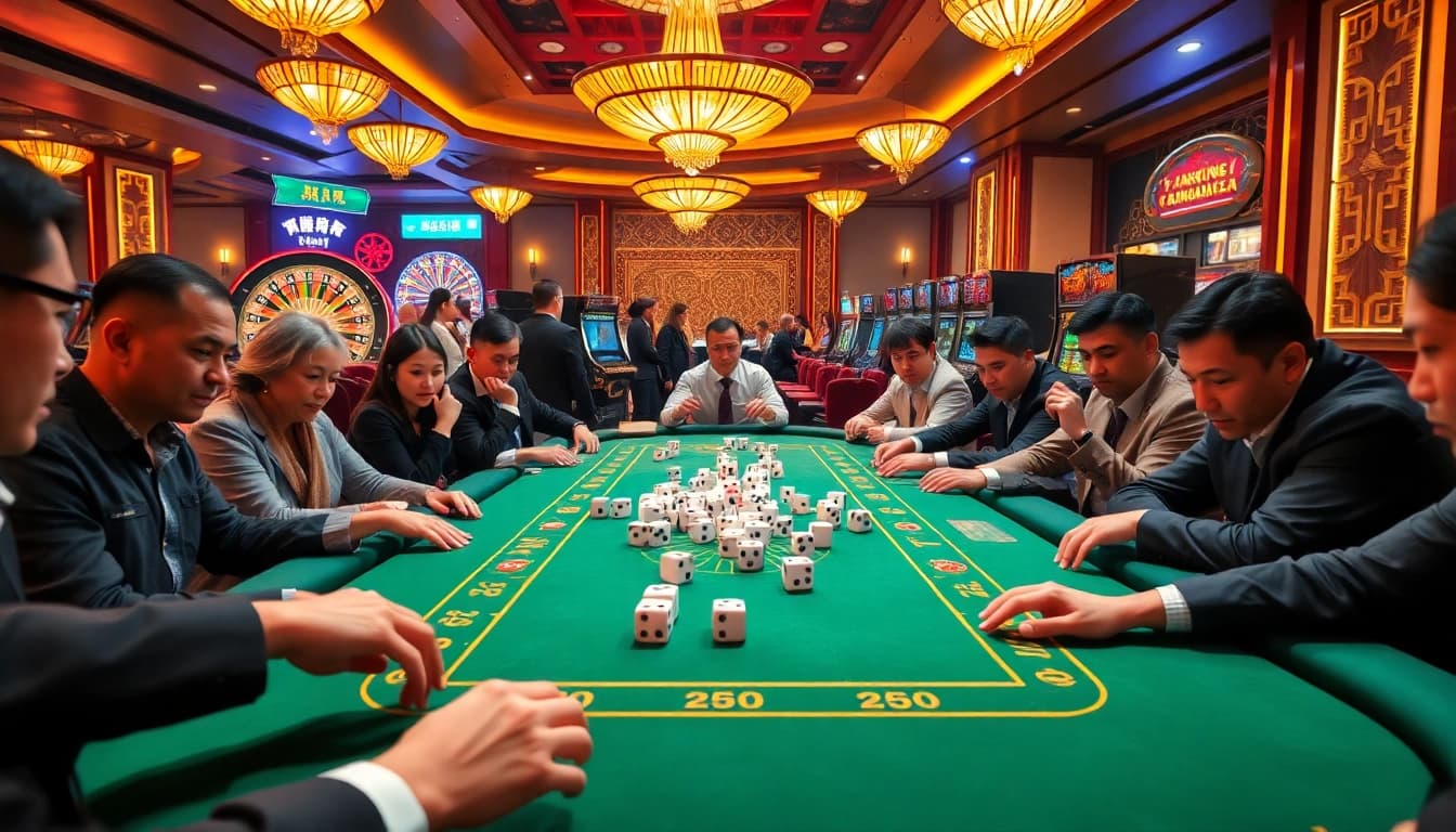 Players engaging at a Tài xỉu MD5 table in a lively casino, emphasizing strategic betting.