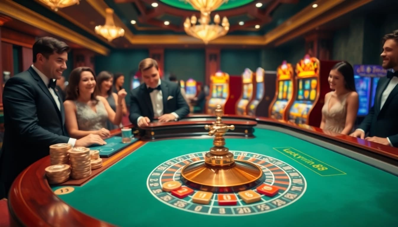 Players enjoying the thrill of Luckywin88 at a luxury casino with slot machines.