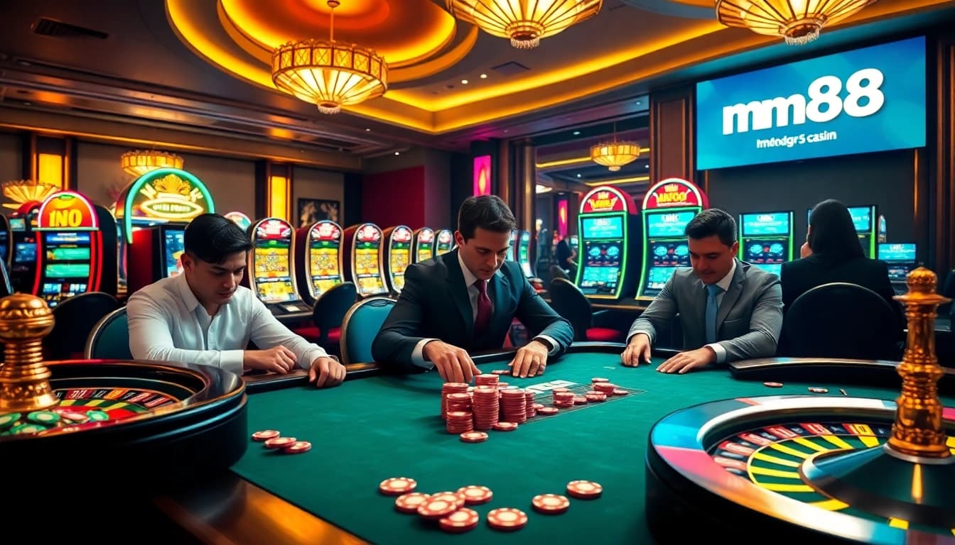 Playing at a vibrant poker table with the keyword Mm88 in a luxurious casino atmosphere.