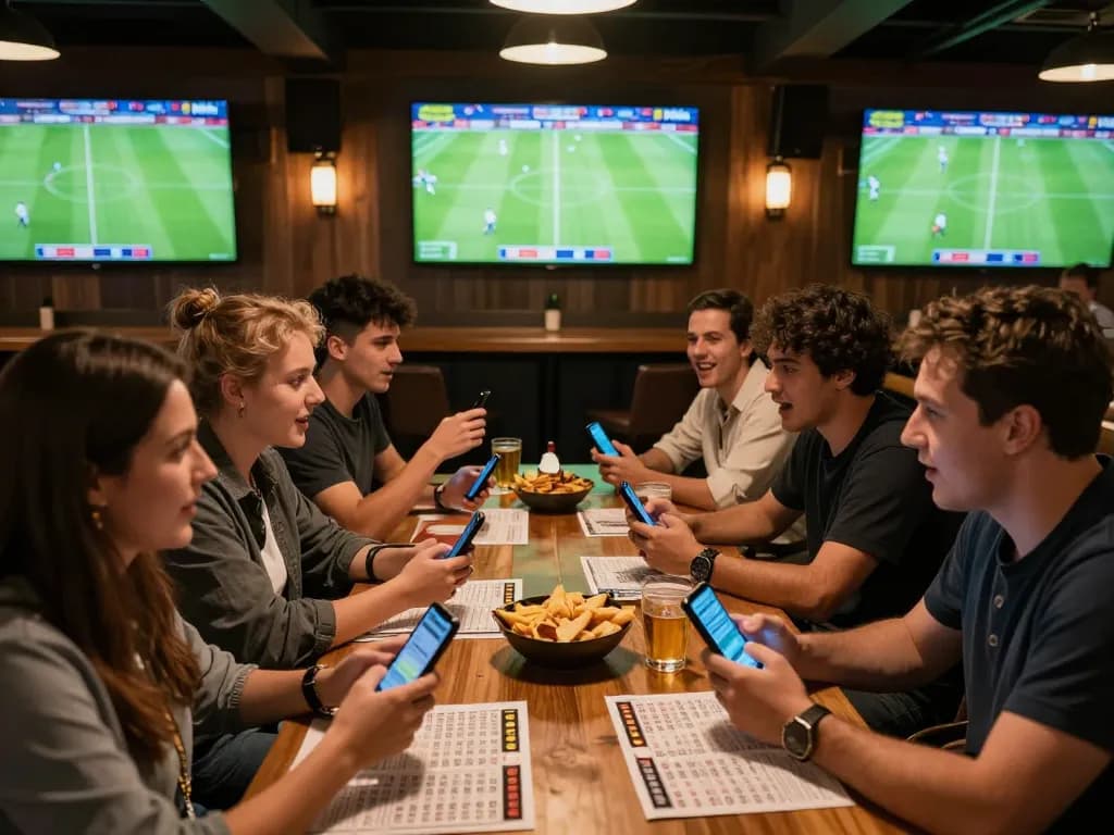 Football fans celebrating a live match while placing bets at a vibrant sports bar