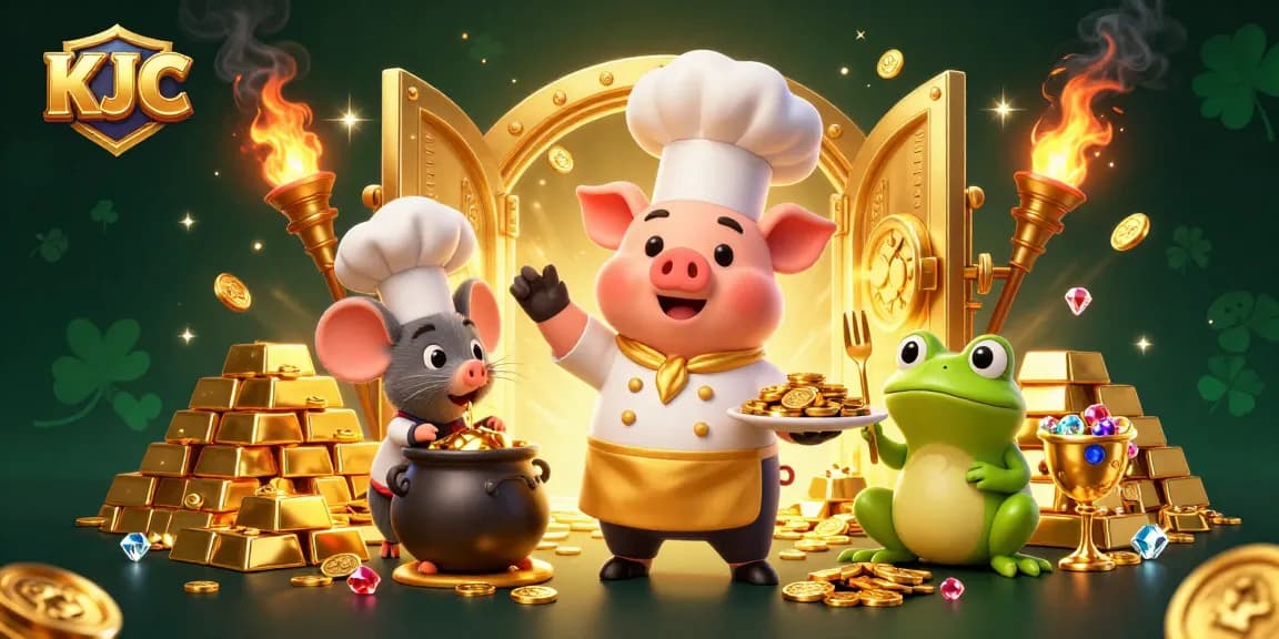 KJC highlights a fun casino scene with a chef pig serving gold coins amidst sparkling treasures.
