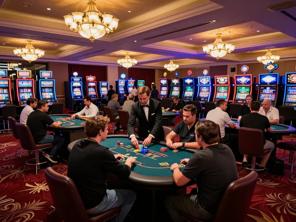 Engaged players at dn88 poker table enjoying strategic gameplay amidst vibrant casino atmosphere.