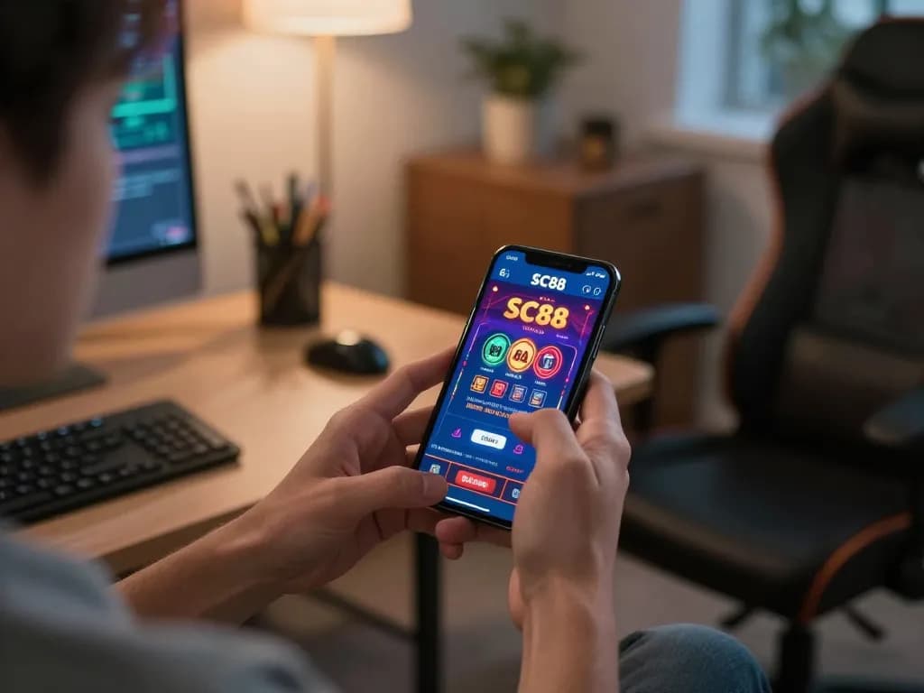 Player enjoying the SC88 casino app on smartphone, highlighting mobile gambling strategy.