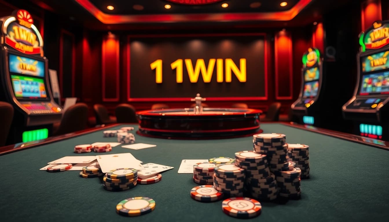 Experience the thrill of betting at 11WIN's luxurious casino tables with poker chips and cards.