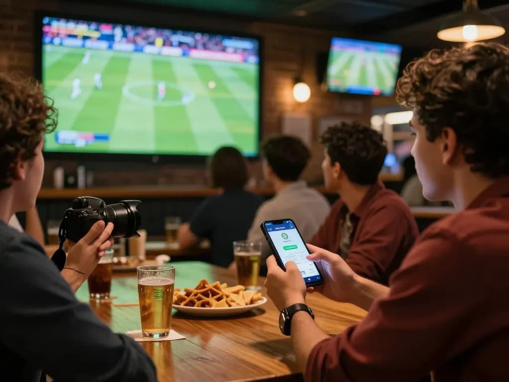 Engaging moment at 90Phut TV watching live sports while placing bets on smartphone.
