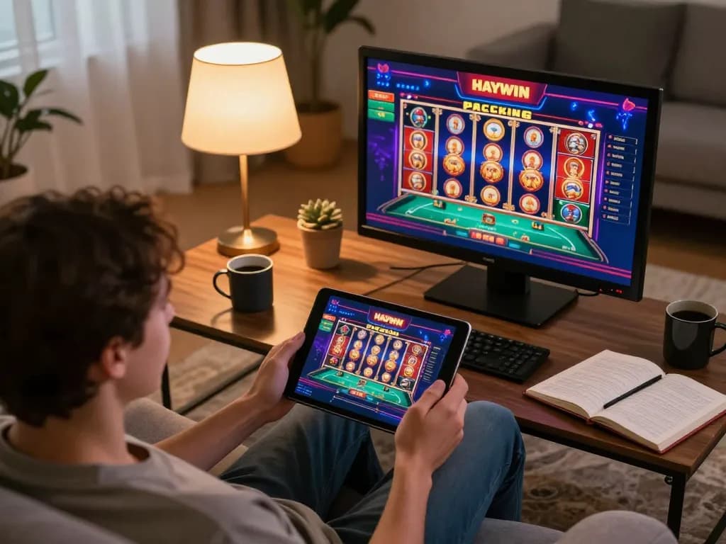 Engaging in HAYWIN online gaming from home, featuring vibrant casino app on a tablet