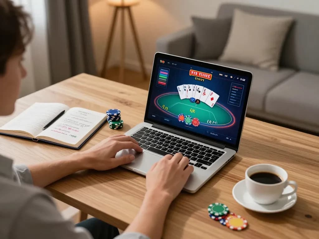 Player enjoying online poker at home with the OK9 casino interface, strategizing for better odds.