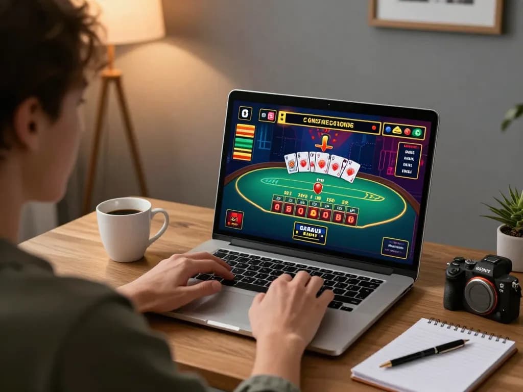 Kubet88 player engaging in a live dealer baccarat game on a laptop in a cozy home workspace.