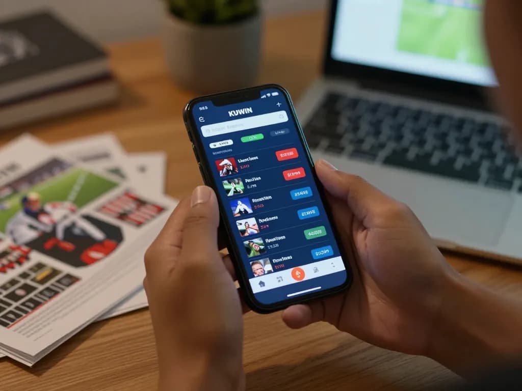 Kuwin app displaying live sports bets on smartphone in a cozy home setting, emphasizing strategic online betting.