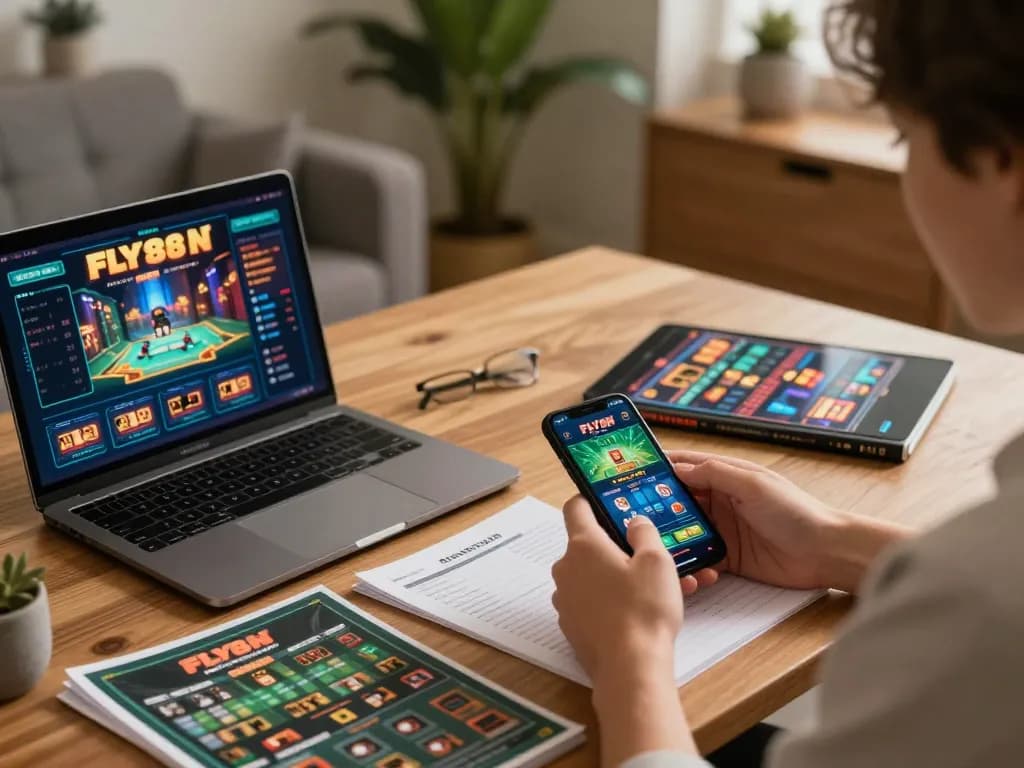 FLY88 app showcased on smartphone in a stylish home gaming setup, emphasizing strategy and engagement