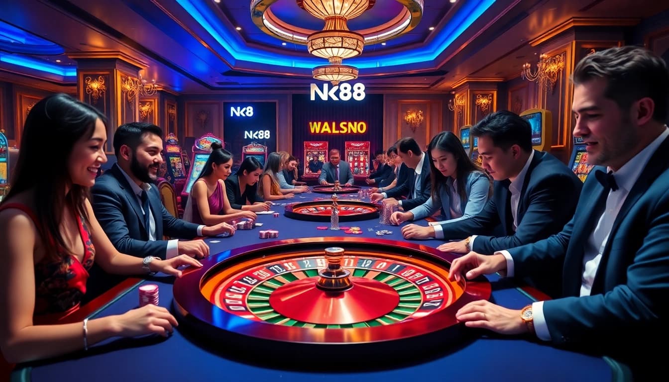 Players enjoying the excitement of nk88 online casino games with poker chips and roulette.