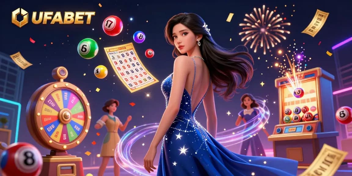 Engage with the UFABET platform featuring vibrant lottery balls and golden prize elements.