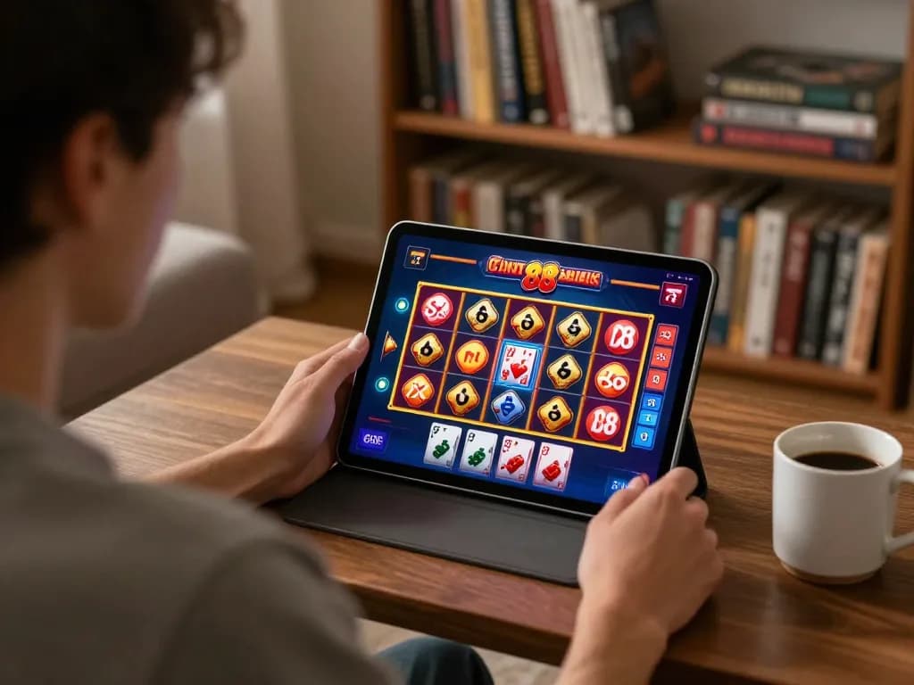 Playing Go 88 casino app on tablet in a cozy home setup with gaming strategy books around