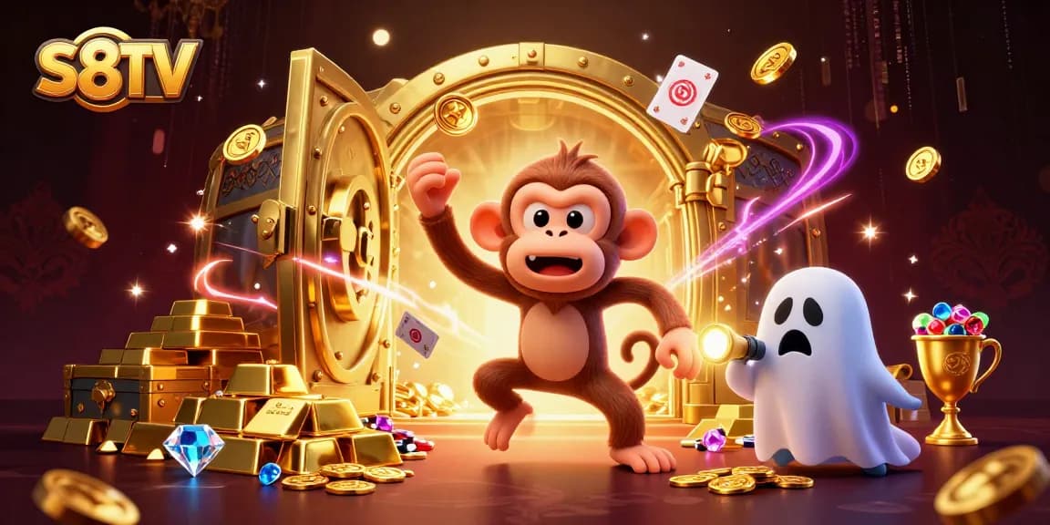 S8TV showcases a lively scene with a mischievous poltergeist monkey juggling golden objects in a haunted casino, perfect for gamblers.