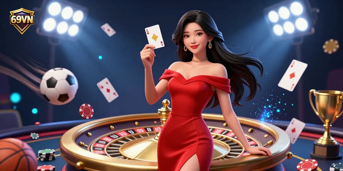 Experience the excitement of 69VN with a beautiful young Asian woman showcasing a golden playing card beside a roulette wheel.