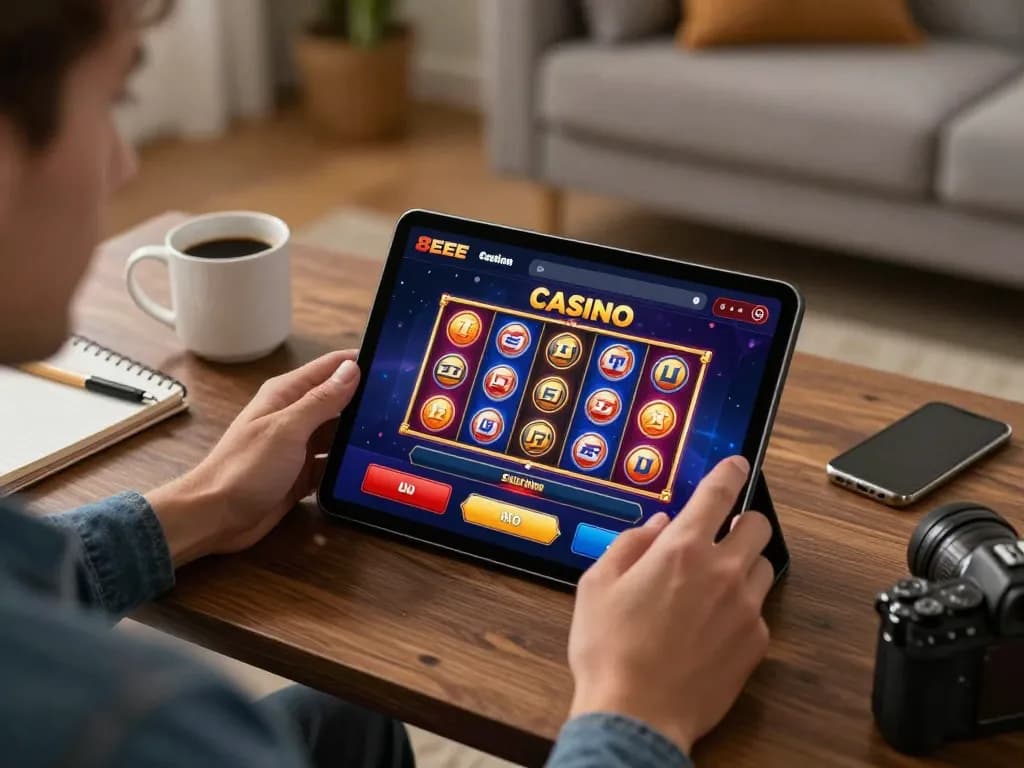 Experience exciting gameplay on the 8EEE app with vibrant slots and a cozy home setup.