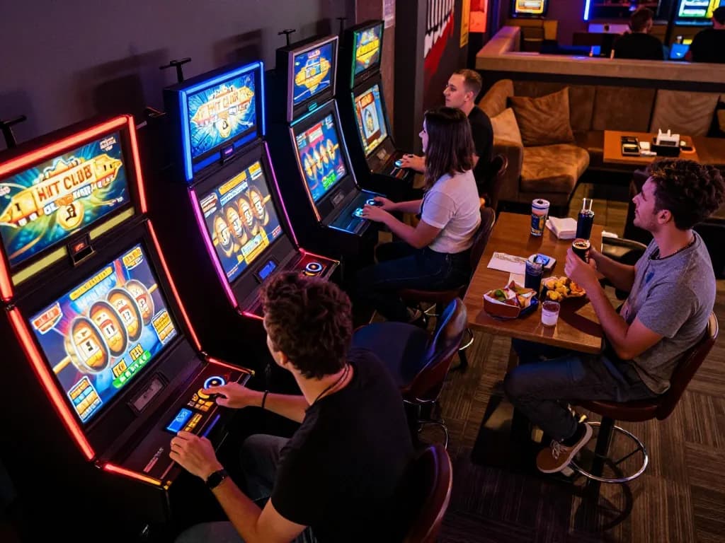 Players enjoying slot machines at HIT CLUB, celebrating a thrilling win together in a vibrant home setup.