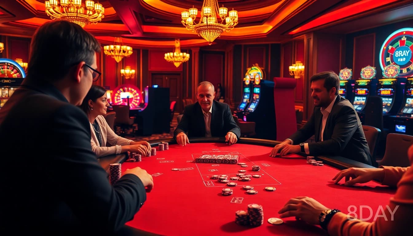 Experience premium gameplay at 8DAY casino with vibrant poker tables and thrilling bets.