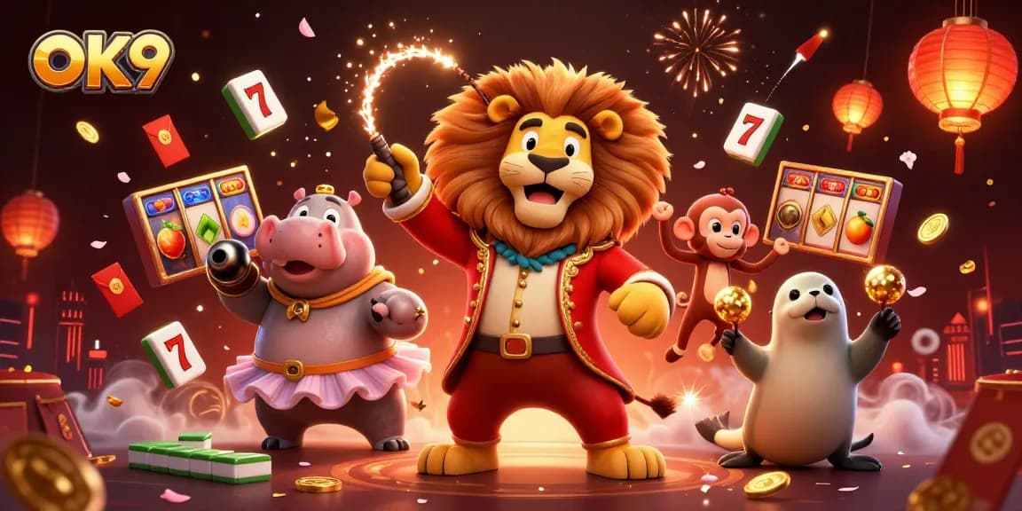 Engage in thrilling gameplay at OK9 with a vibrant casino-themed digital illustration featuring characters and rich elements.
