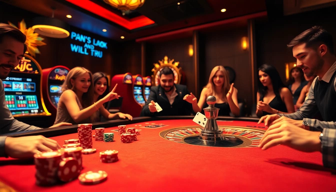 KJC gaming experience showcasing players at a casino table with poker chips and slot machines.