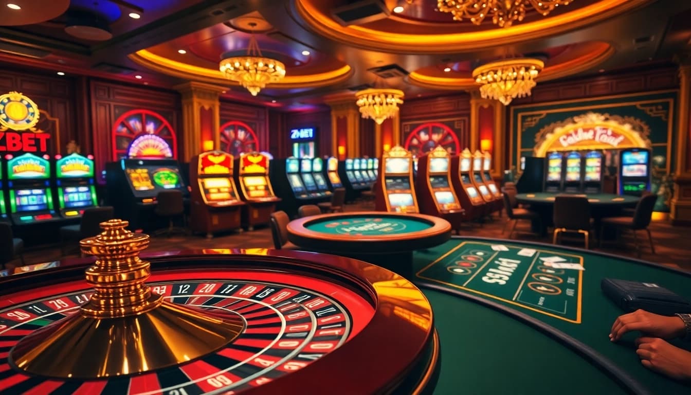 ZBET casino enthusiasts enjoying a thrilling game at a vibrant roulette and blackjack table.