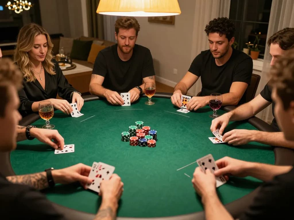 Friends strategizing during a lively poker night while playing alo8 games, showcasing vibrant chips and cards.