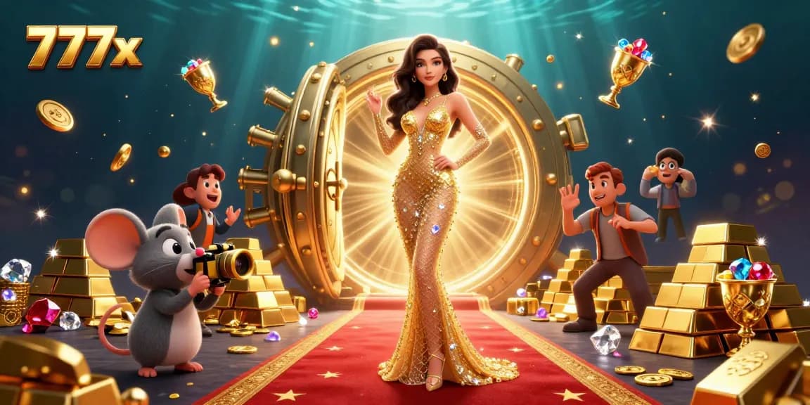 Experience the thrill at 777x, featuring casino treasures in a vibrant, engaging scene.