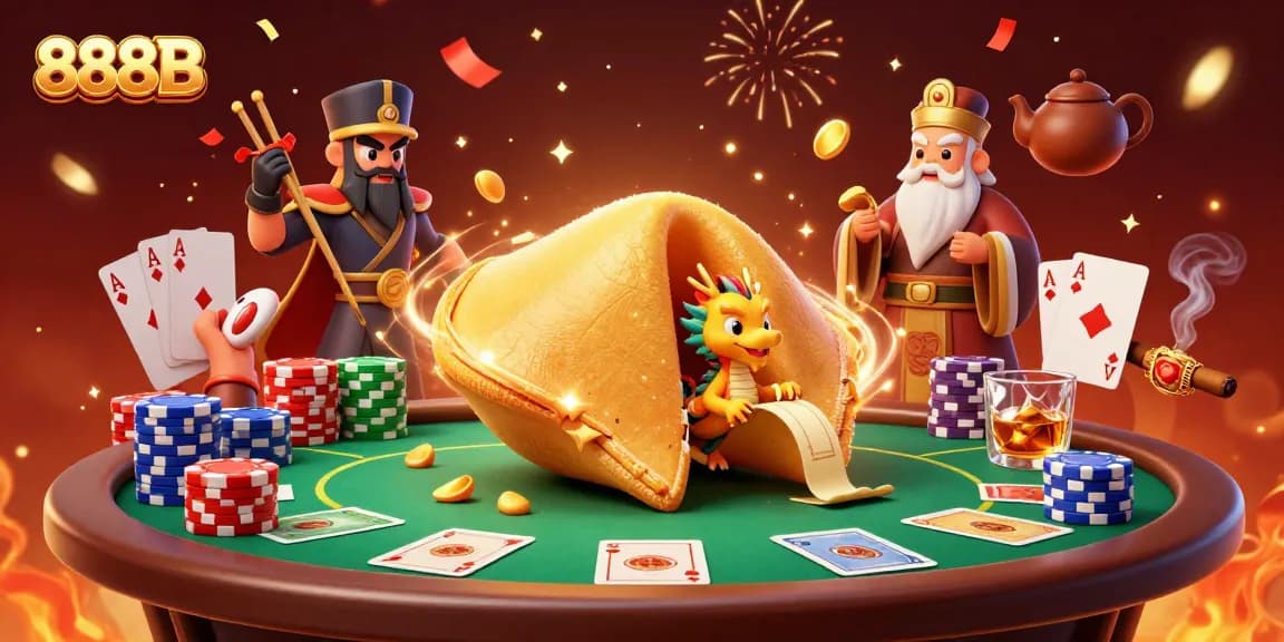 Experience excitement with 888B, showcasing a vibrant 3D casino scene full of poker elements.