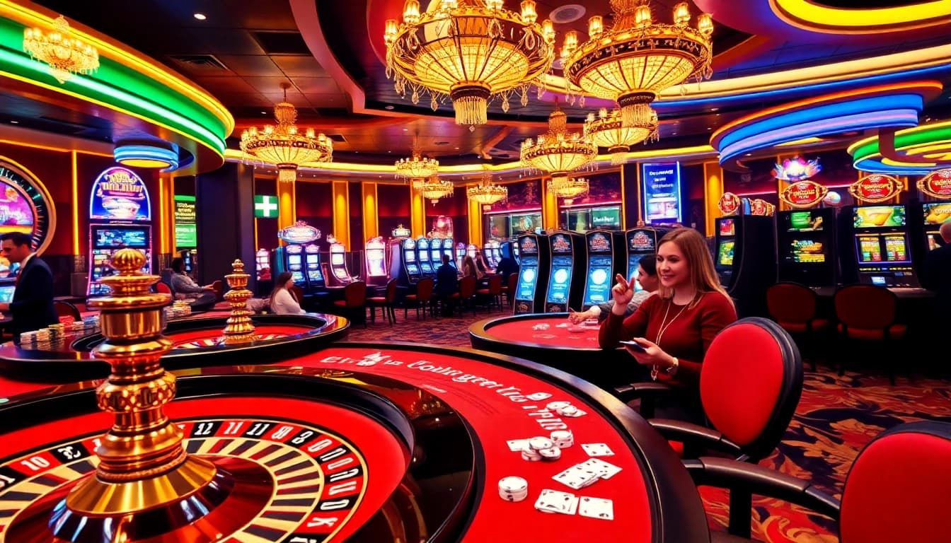 Experience thrilling games at SUT88 with a vibrant casino atmosphere featuring poker tables and slot machines.